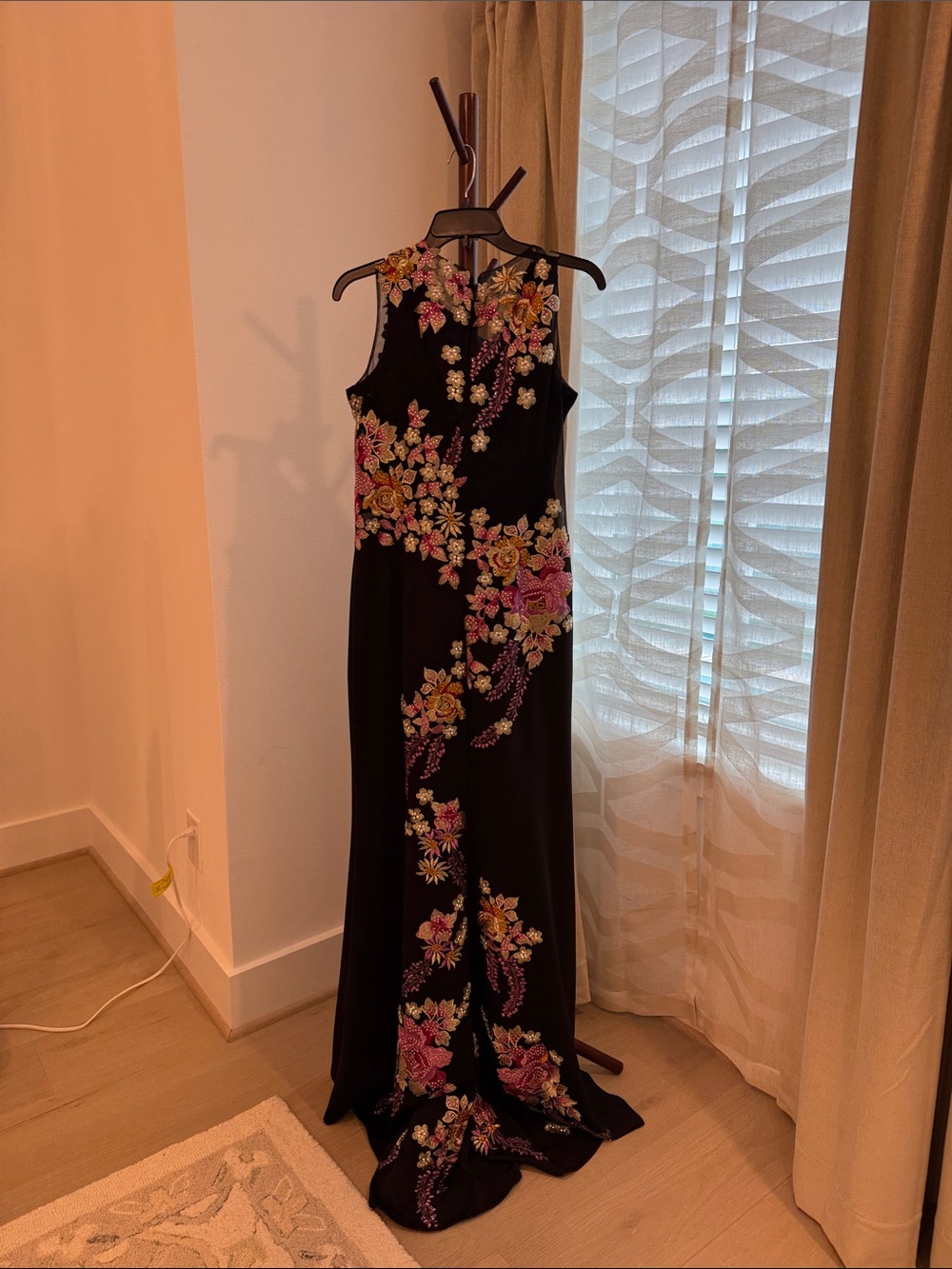 Jovani Black Maxi Gown with Pink and Gold Floral Embroidery